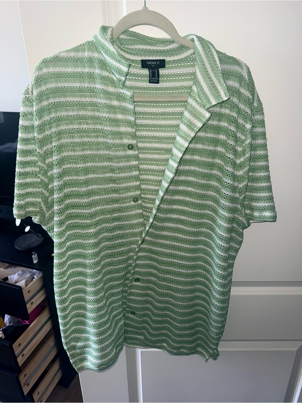 Forever 21 Mint Green & White Striped Open-Weave Button Shirt